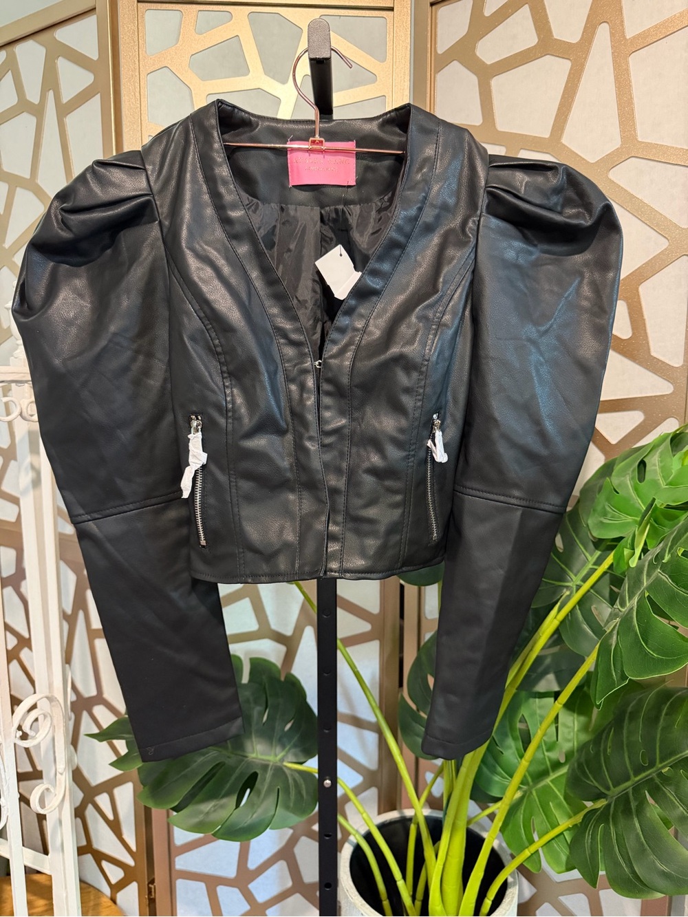 Azalea Wang Black Faux Leather Puff Sleeve Moto Blazer Jacket Small NWT